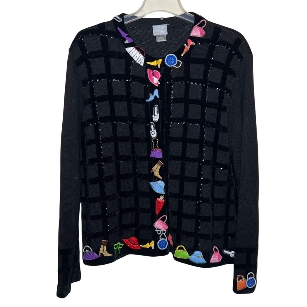 BEREK Hand-Sewn Applique Embroidered Embellished Black Cardigan Sweater Size XL